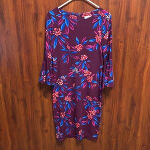 Calvin Klein Plum Floral Long-Sleeve Shift Dress with Pink & Blue Accents